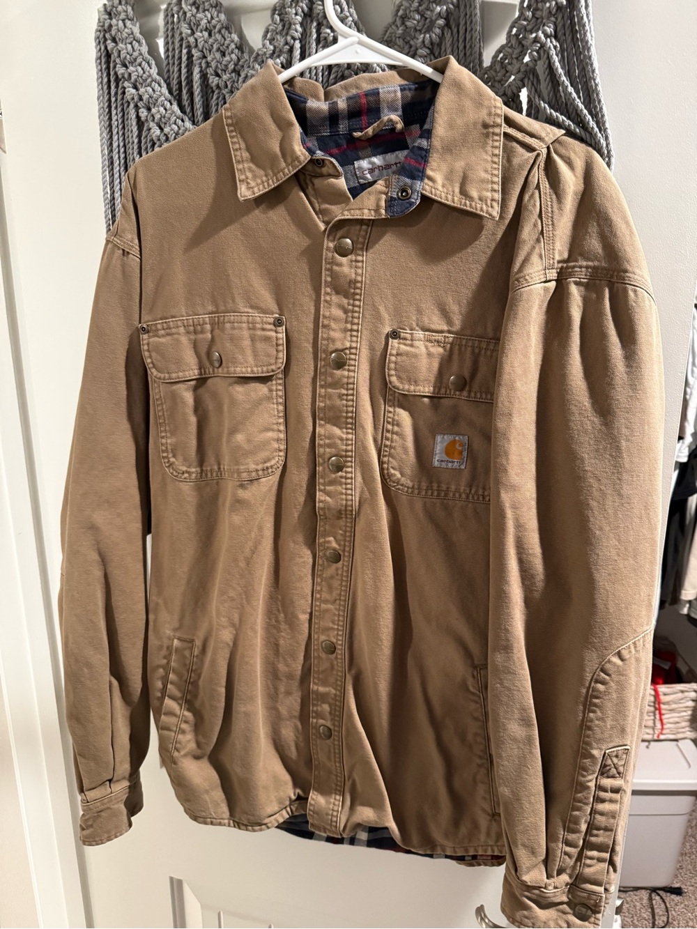Carhartt Tan Canvas Lightweight Work Shirt Jacket with Plaid Lining